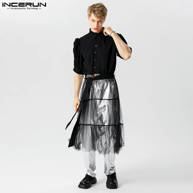 

INCERUN Tops 2023 American Style Handsome Men Fashion Romantic Splicing Design Shirt Sexy Mesh Bubble Short Sleeved Blouse S-5XL