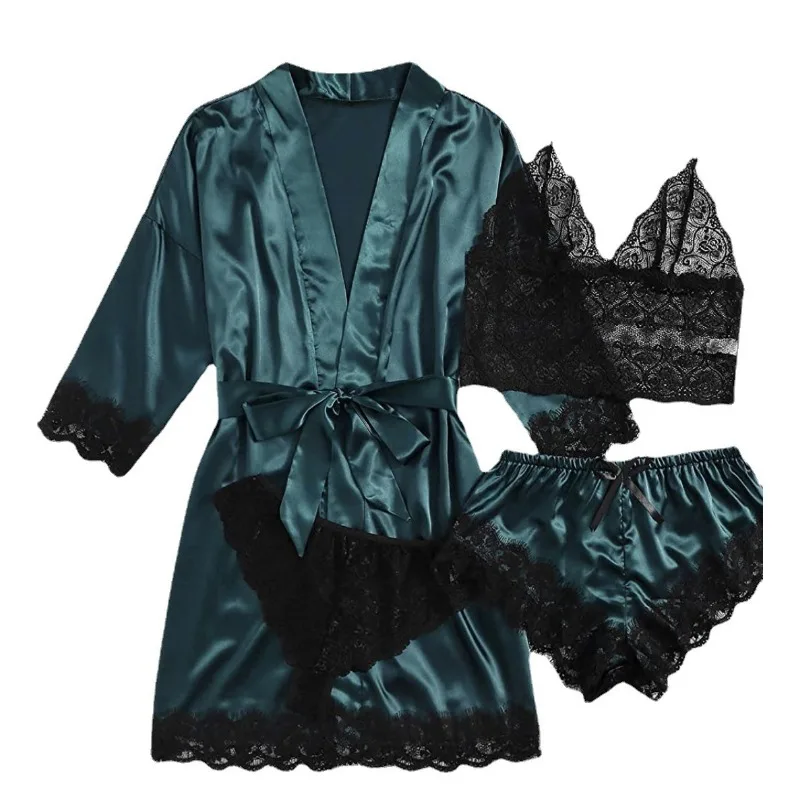 4Pcs/set bathrobe women's shower erotic lingerie home wear lace camisole shorts ladies solid colour nightgown pajamas four sets