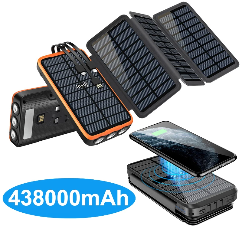 43800mAh PD 20W Solar Power Bank with Cable Fast Qi Wireless Charger