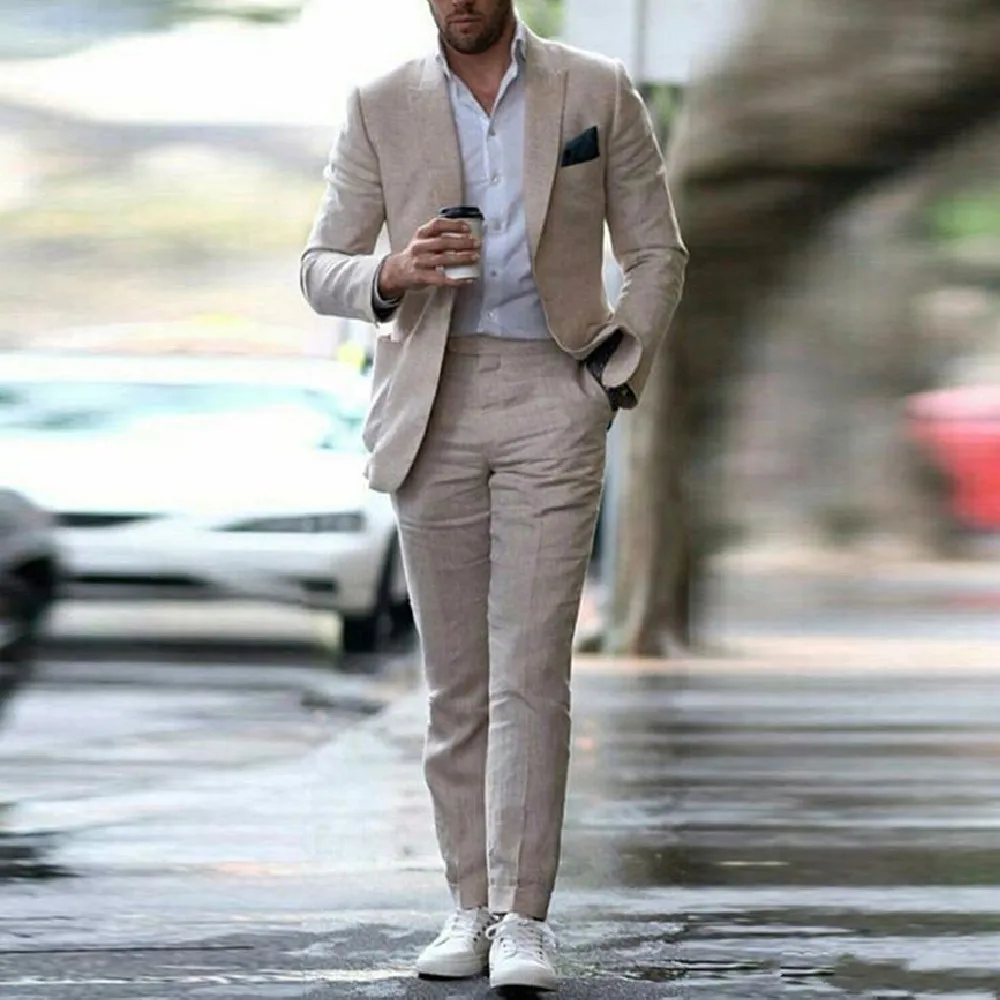 

2022 New Linen Summer Beach Wedding Slim Fit Men Suits Groom Peaked Lapel Bridegroom Suits Costume Homme 2 Piece(Jacket+Pant)