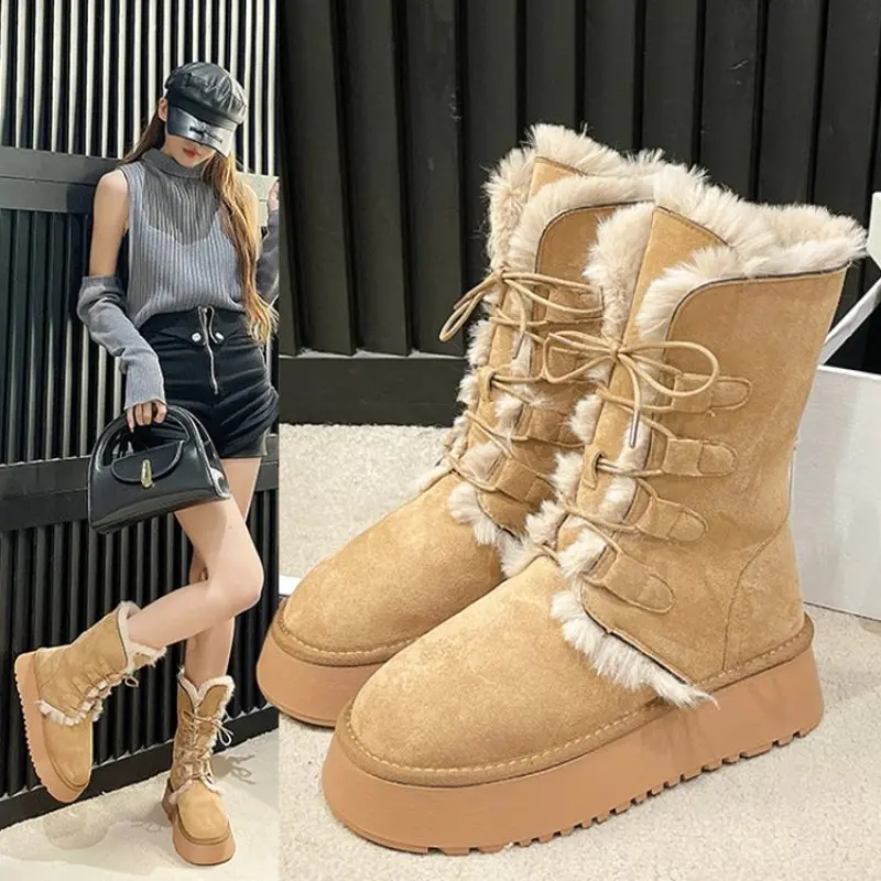 Platform Women's Boots New Winter Short Plush Warm Snow Boots High Top Lace Up Ladies Mid-calf Boots Fashion Casual Flats Shoes