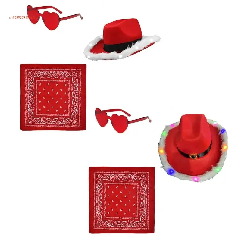 

Glowing Cowgirl Hat+ Sunglasses+ Bandana Elegant Photo Props Christmas Party Santa Cosplay Costume Light up Hat