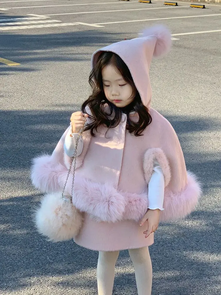

Kids Girls Princess 2pcs Clothes Set Winter Warm Children Sweet Hooded cloak Thick Coat Outwear+Sundress Vintage Elegant Suits