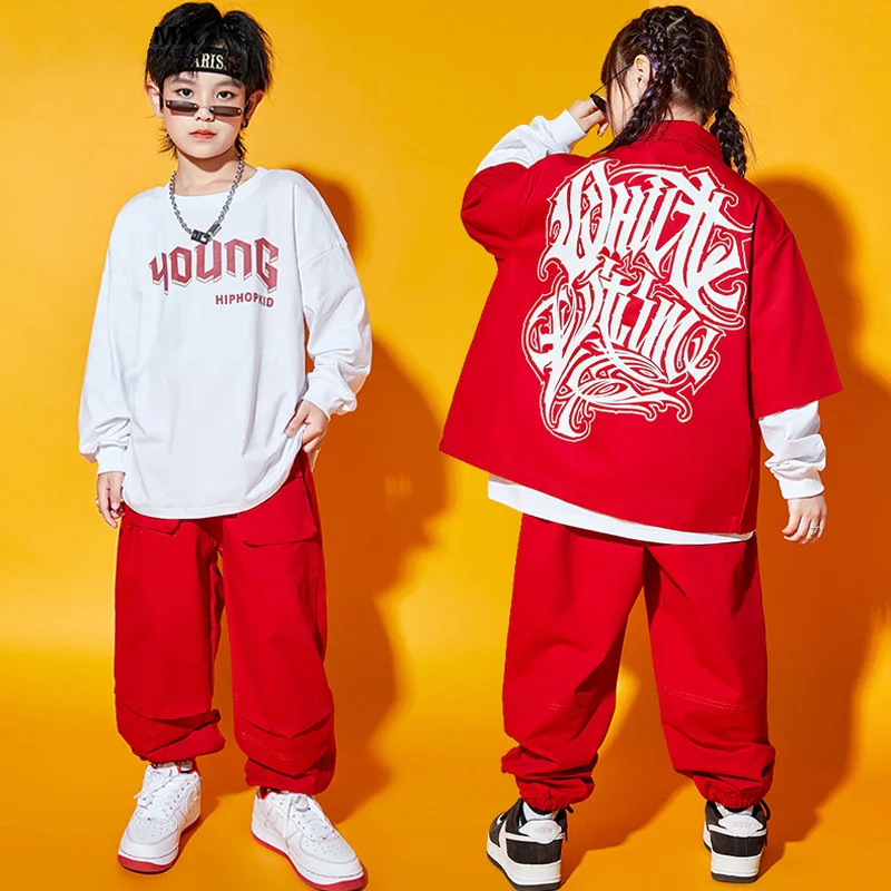 

Kids Festival Stage Hip Hop Clothing Red Jacket Vest Tops Cargo Street Jogger Pants For Girl Boy Jazz Dance Costume Teen Clothes
