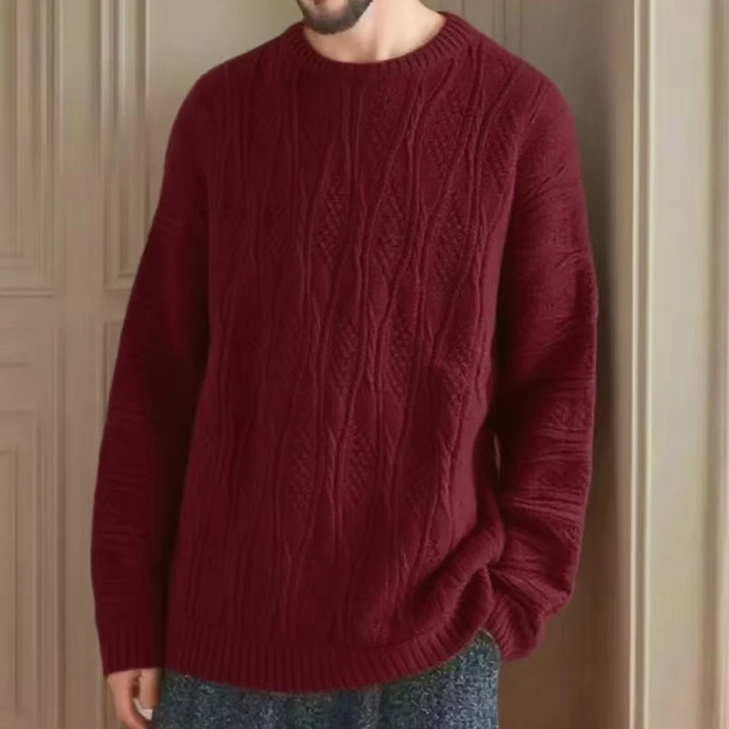 Primavera Autunno Nuovi maglioni casual Moda uomo girocollo manica lunga maglione lavorato a maglia Trendy Twist Textured Crochet Jumper Top 5