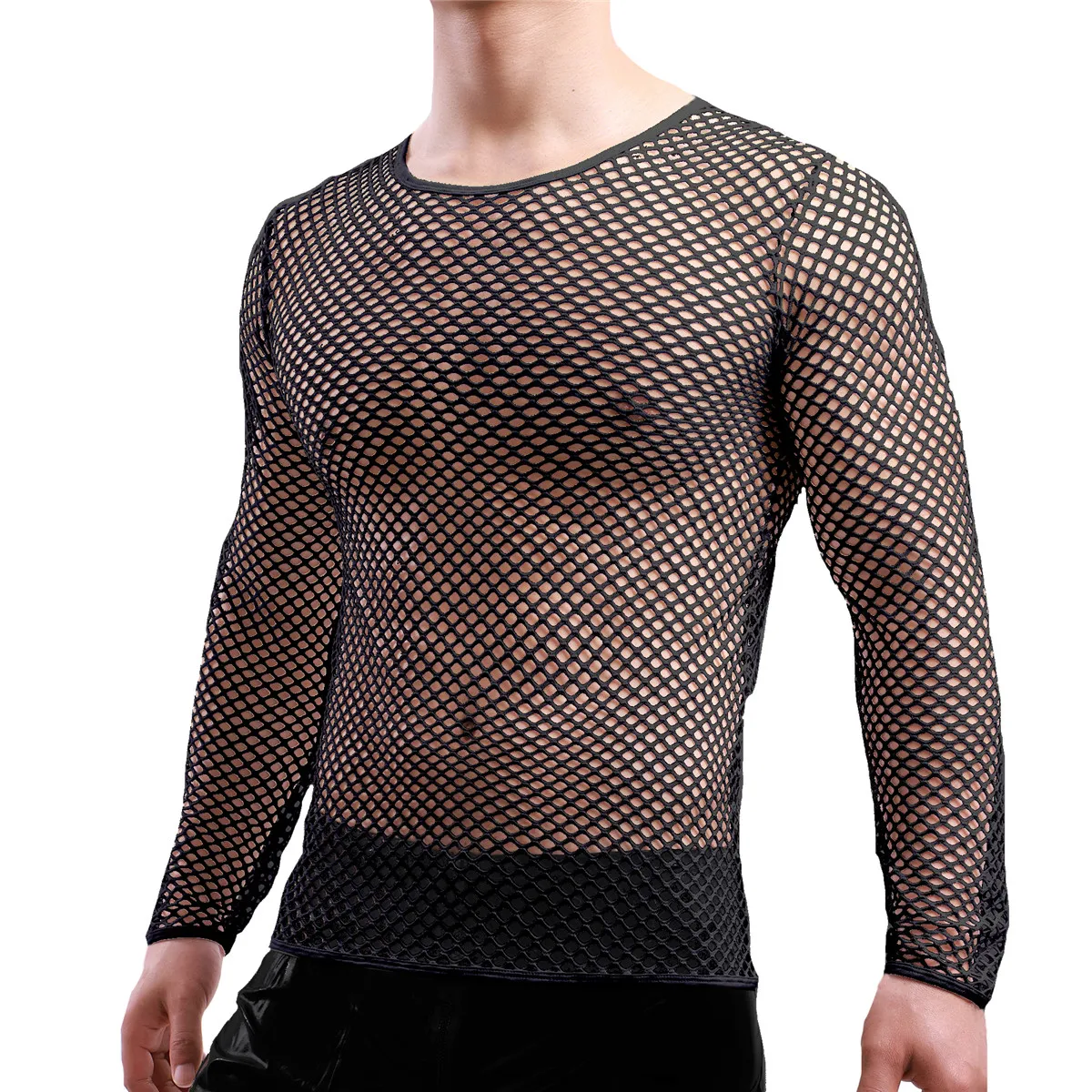 Mens Transparent Sexy Mesh T Shirts See Through Long Sleeve