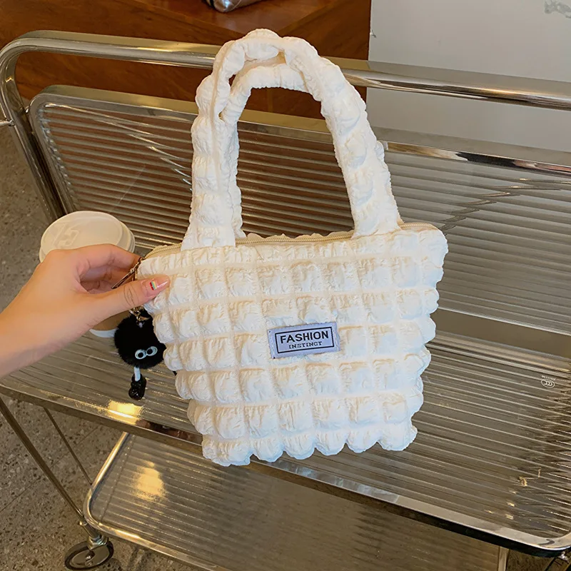Bubble Flower Handbag for Women's New Little Fresh Girl Checkered Luxury Brand Handbag with Folded Shopping Top-Handle Bag