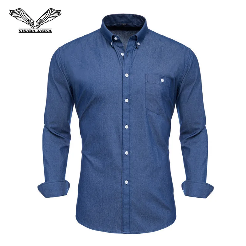 VISADA JAUNA High Quality Men Shirt Jeans Long Sleeve Cotton Solid Casual Business Denim Shirt Brand Man Dress Shirts N5153