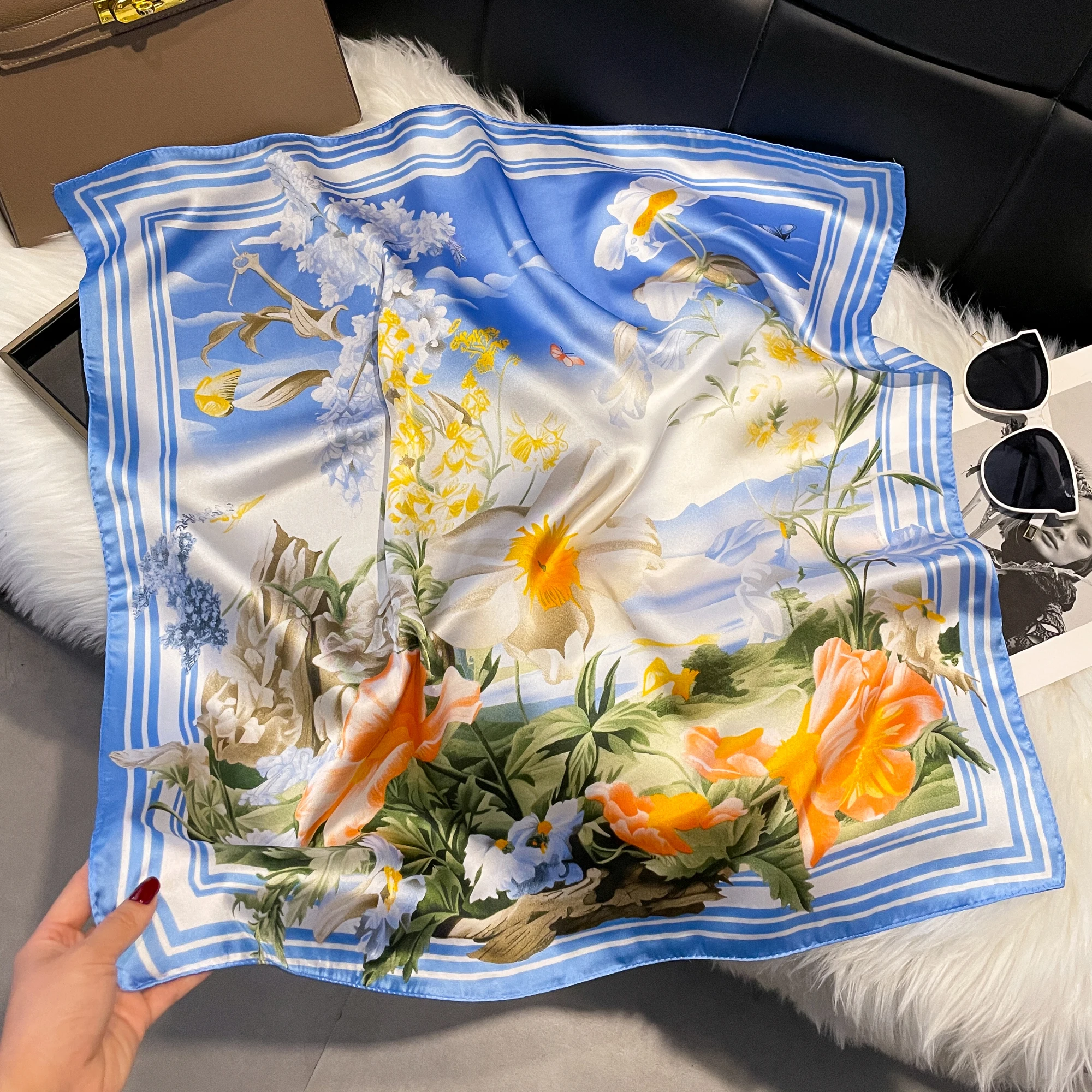 NEW Flower Silk Square Scarf Women Satin Shawl Wrap Hijab Female Hair Band Wrist Luxury Headkerchief 70*70cm Echarpe Bandana