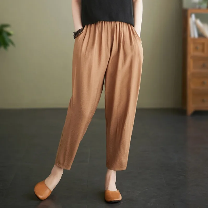 

2023 Summer Women's clothing New Popular Imitation Ice Silk Cotton Hemp Casual Fashion Wide Leg 9/4 Large Loose Harlan Pants