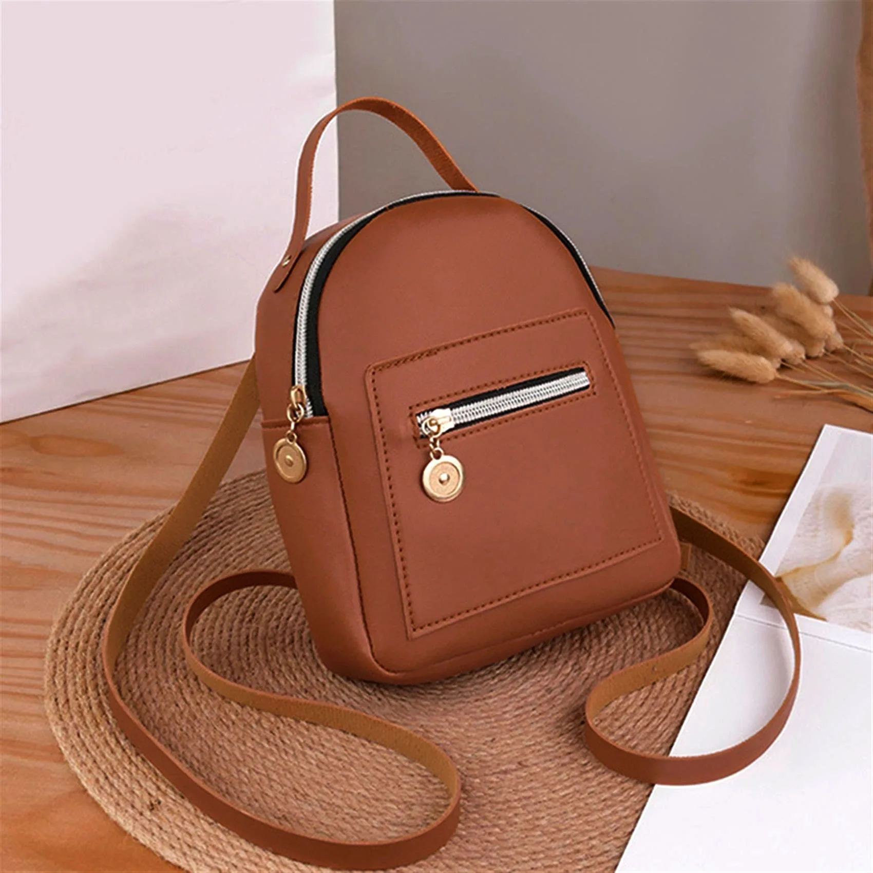 Mini Backpack for Women PU Leather Multifunction Crossbody Bag Small Fresh Solid Color Ladies Phone Pouch Pack Shoulder Bag