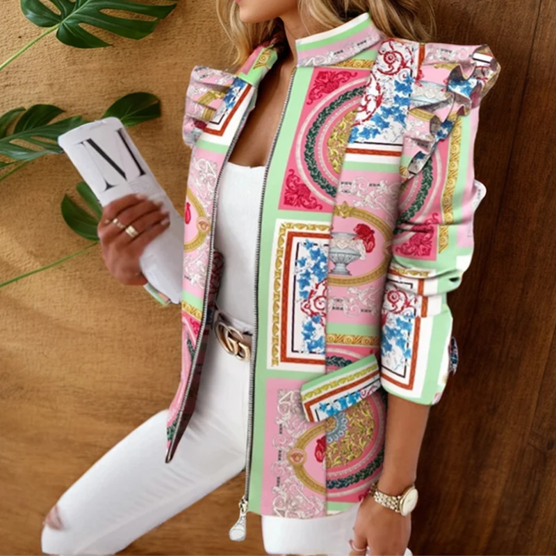 

Женский офисный блейзер с воротником-стойкой, демисезонный Кардиган с длинным рукавом и оборками, Женская клетчатая кофта на молнии с принтом, 2022