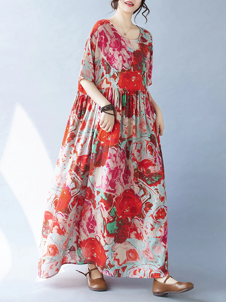 2025 New Summer Cotton Vintage Casual Loose Print Dresses For Women Holiday Boho Dress Femme Robe Vestidos Elegant Long Clothing
