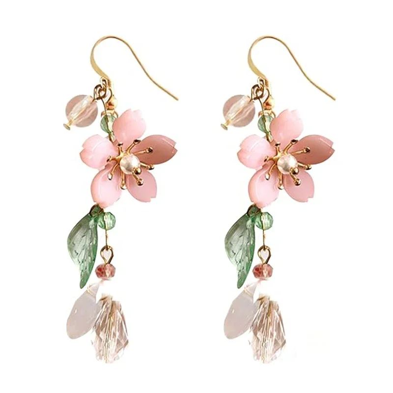 Spring Pink Flower Dangle Earrings for Women Fairy Charms Floral Leaf Earrings Summer Holiday Pendants Jewelry Gifts