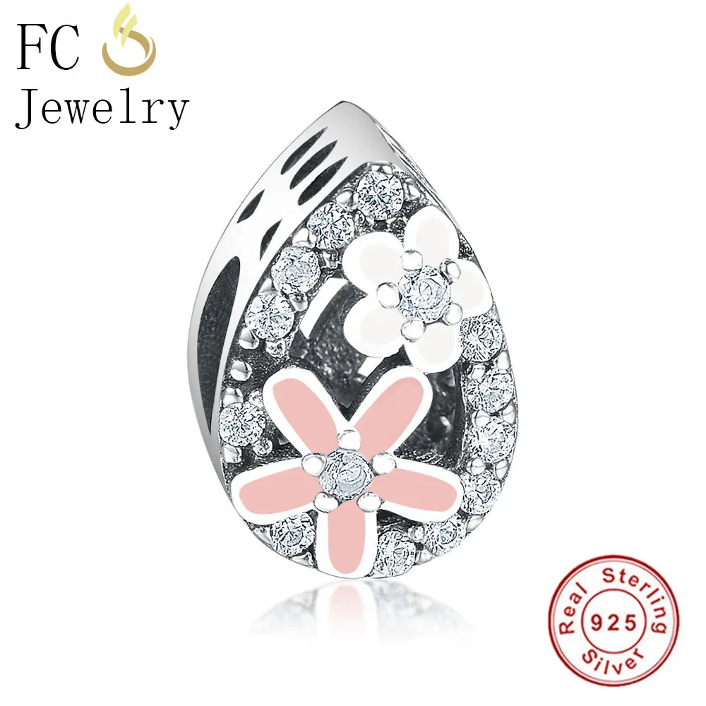 

FC Jewelry Fit Original Brand Charms Bracelets 925 Sterling Silver Flower Pink Enamel Daisy CZ Stone Bead For Making Berloque