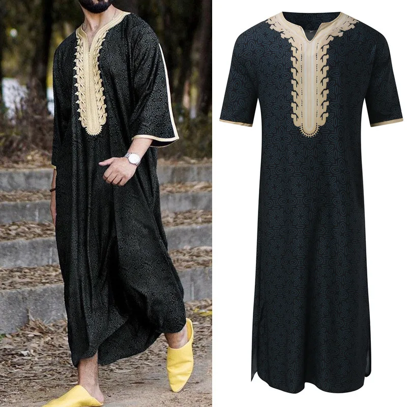 

Men's V-neck Printed Muslim Robe European and American New Short Sleeved Jumpsuit Arab Ethnic Style