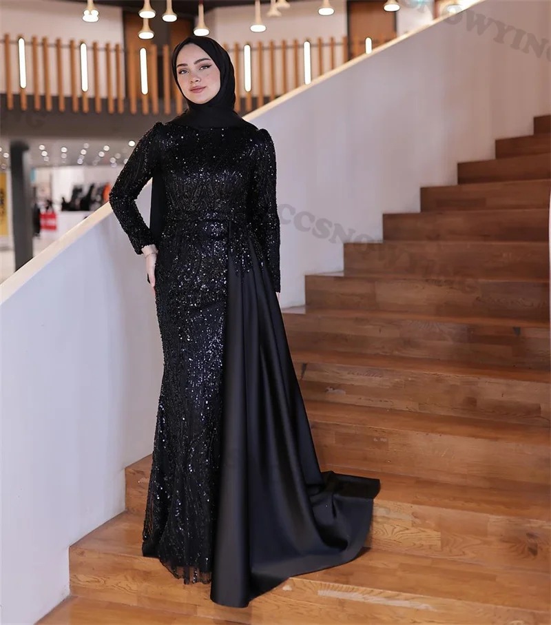 

Luxury Appliques Beaded Muslim Evening Dresses Long Sleeve Islamic Formal Party Gowns High Neck Women Arabic Robes De Soirée