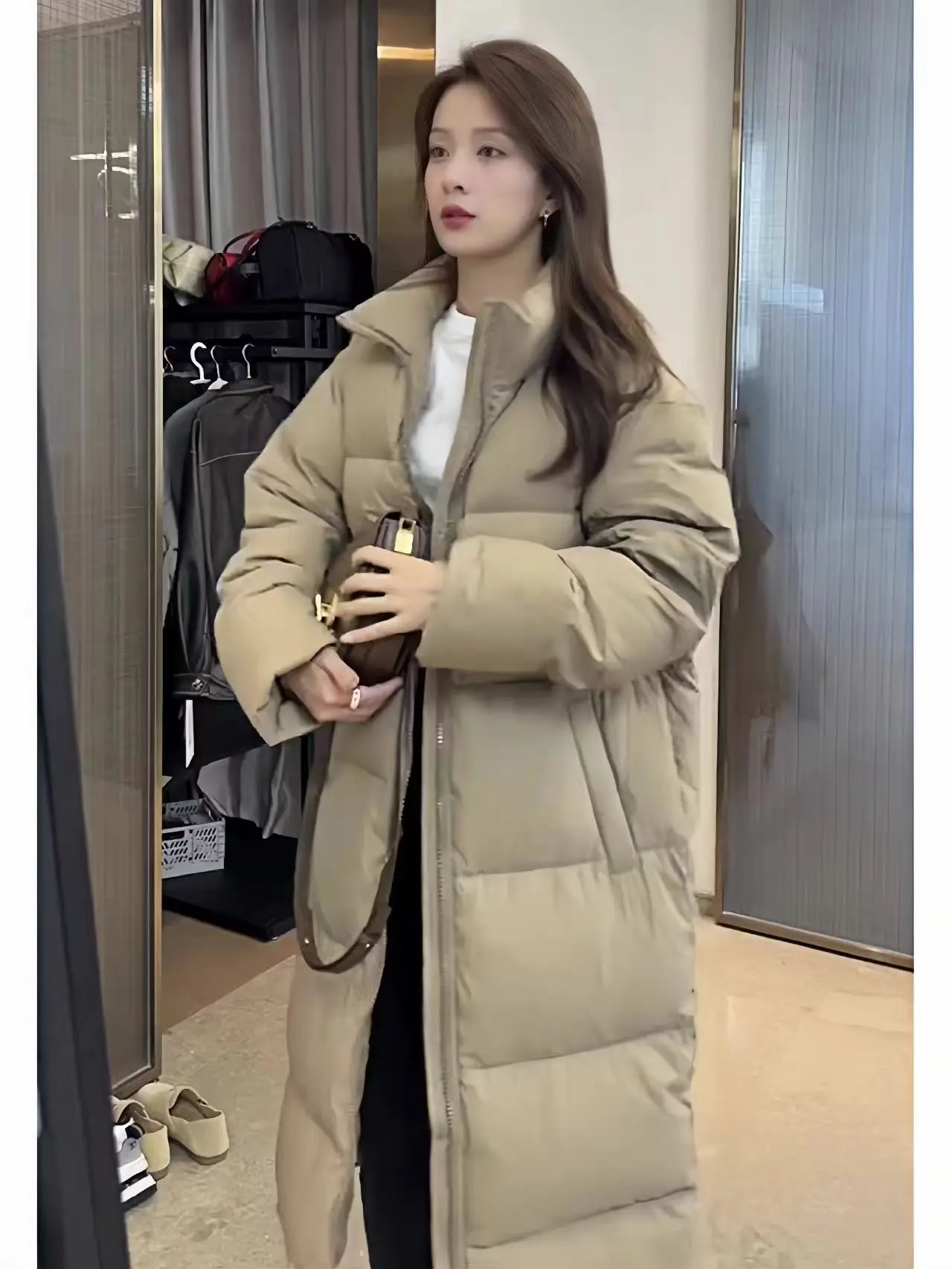 Standing Collar Long Down Jacket, Korean Style Fashionable Jacket, High-end Fashionable White Duck Down Jacket, Women's Winter