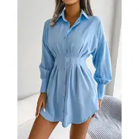Women's Fashion Lantern Sleeve Waist Long Shirts Spring Summer Lady Office Lapel Button Long Sleeve Solid Color Shirt Mini Dress 1