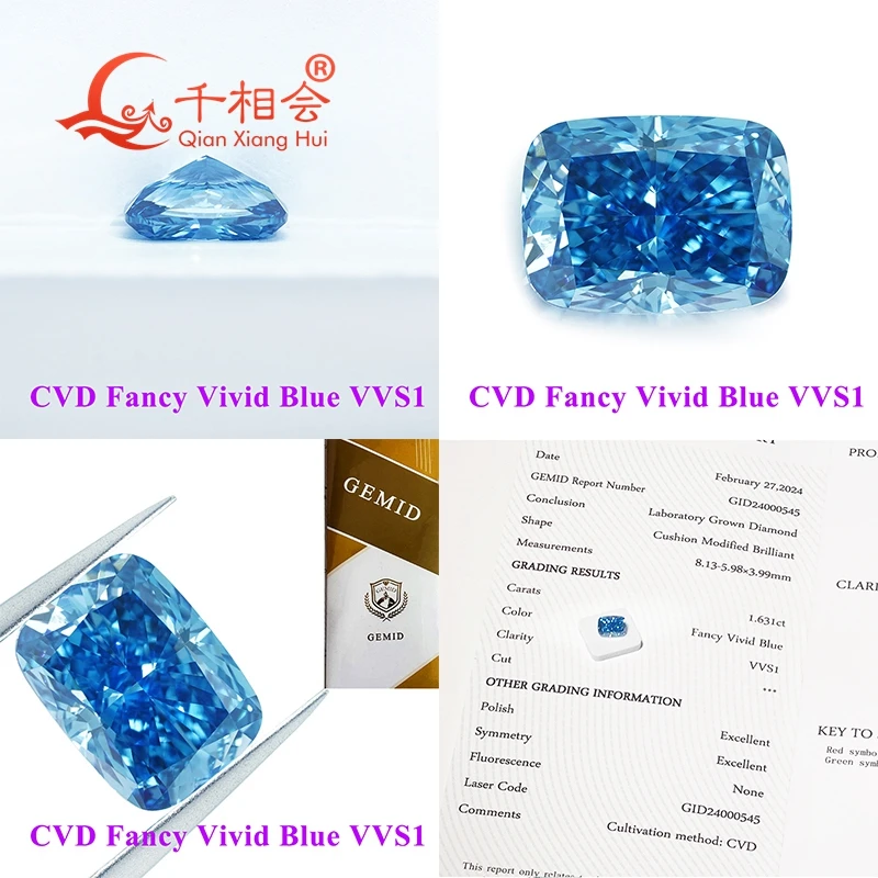 1.63ct CVD Diamond Fancy Vivid Aqua Blue VVS1 Clarity Long Cushion Shape GEMID Certified Lab-Grown Loose Stone