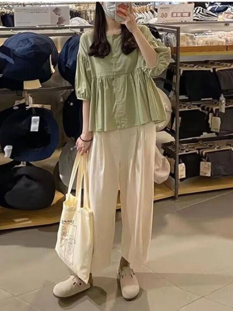 Korean Style Maternity Clothes Set Loose Casual Half Sleeve Shirts+Cotton Linen Belly Pants Twinset Pregnant Woman Trousers Sets