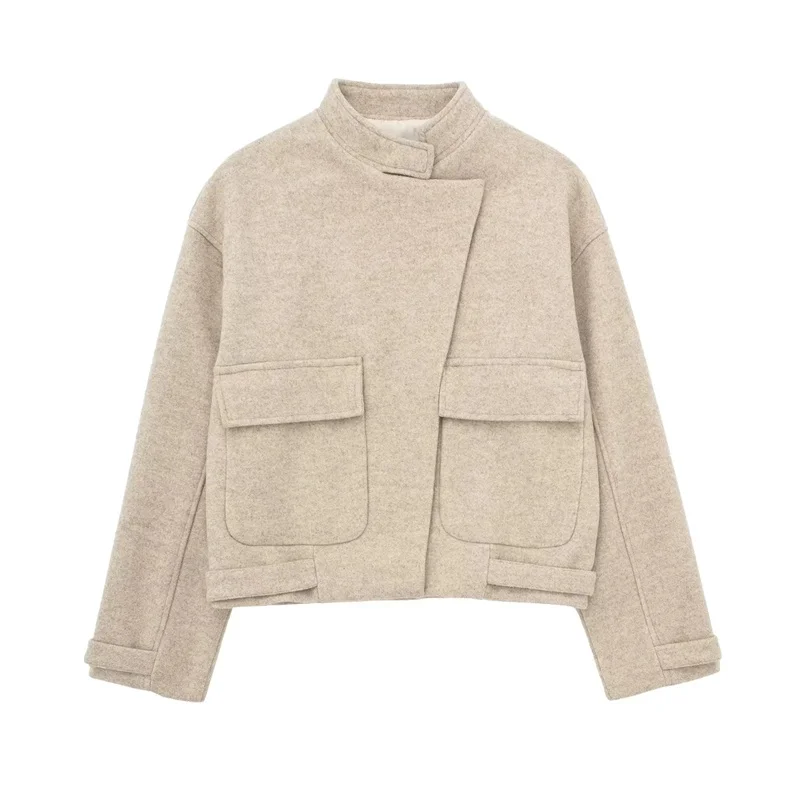 

TRAF Autumn Minimalist Women's Jackets Fashion Ruched Long Sleeve Straight Coats Lady Commuter Clothes Pockets Stand Collar Tops