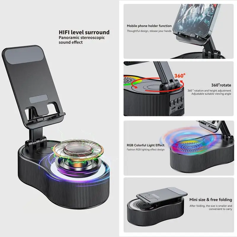 Rotatable Phone Stand with Wireless Speaker and RGB Lighting Adjustment