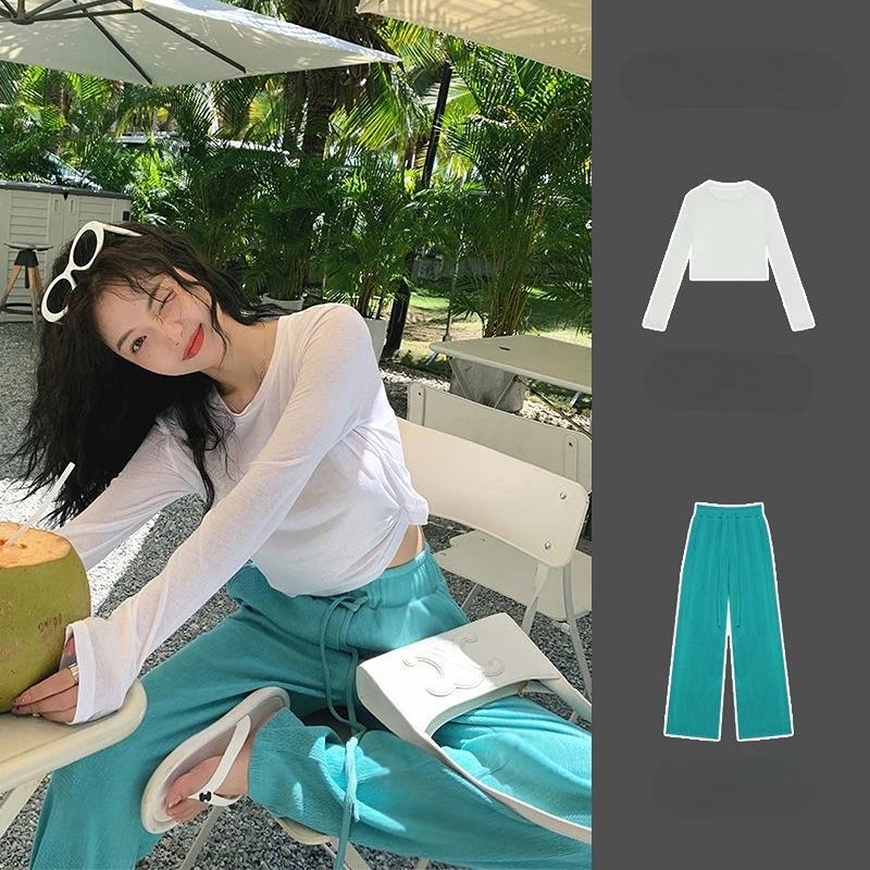 

Casual Fashion Suit Female Thin Summer Temperament Sunscreen Shirt Tops High Waist Wide Leg Pants Sports Two-piece Set