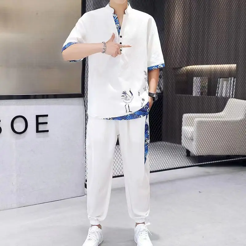 Summer Chinese Style Linen Tang Suit Traditional Clothing Men Tai Chi Uniform Retro Print V-neck Short Sleeve Shirt Pants Set 6