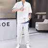 Summer Chinese Style Linen Tang Suit Traditional Clothing Men Tai Chi Uniform Retro Print V-neck Short Sleeve Shirt Pants Set 6