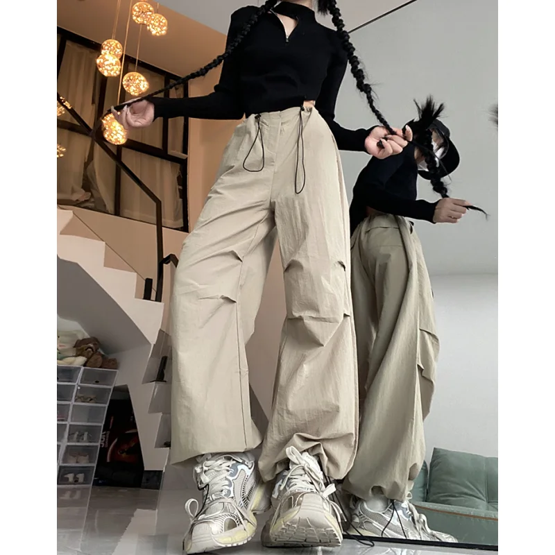 

Женские черные спортивные брюки-карго на шнуровке, модные прямые широкие брюки с высокой талией, мешковатые брюки цвета хаки для осени