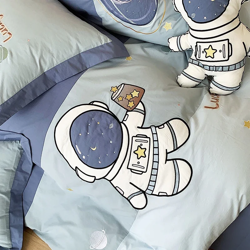 Blue Cute Cartoon Astronaut Embroidery 100% Cotton Boys Bedding Set Single Duvet Cover Set Bed Sheet Pillowcases Gifts For Child
