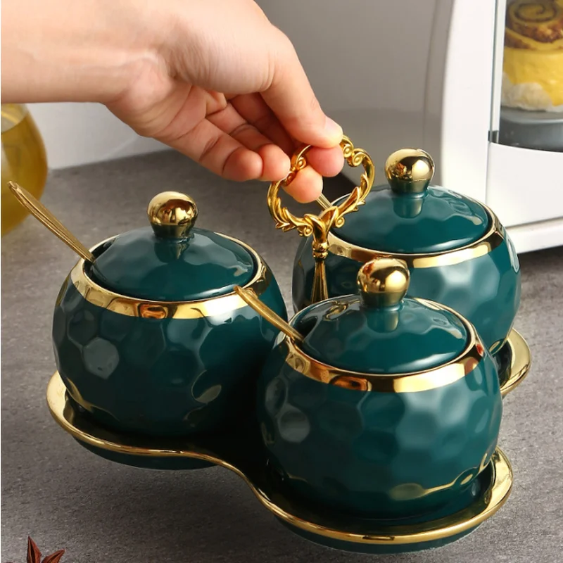 Creative Seasoning Jar Sugar Bowl Green Gold Edge Glass Jar Ceramic Pepper Chili Box Household Seasoning Box Kitchen Supplies ceramic storage jar spice storage box