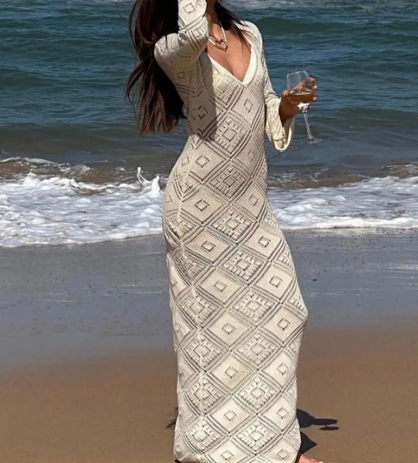 

Yiiciovy Sexy Women Long Bodycon Dress Sexy Crochet Knit Hollow Out V-Neck Long Sleeve Cover-Ups Dress Spring Fall Beachwear