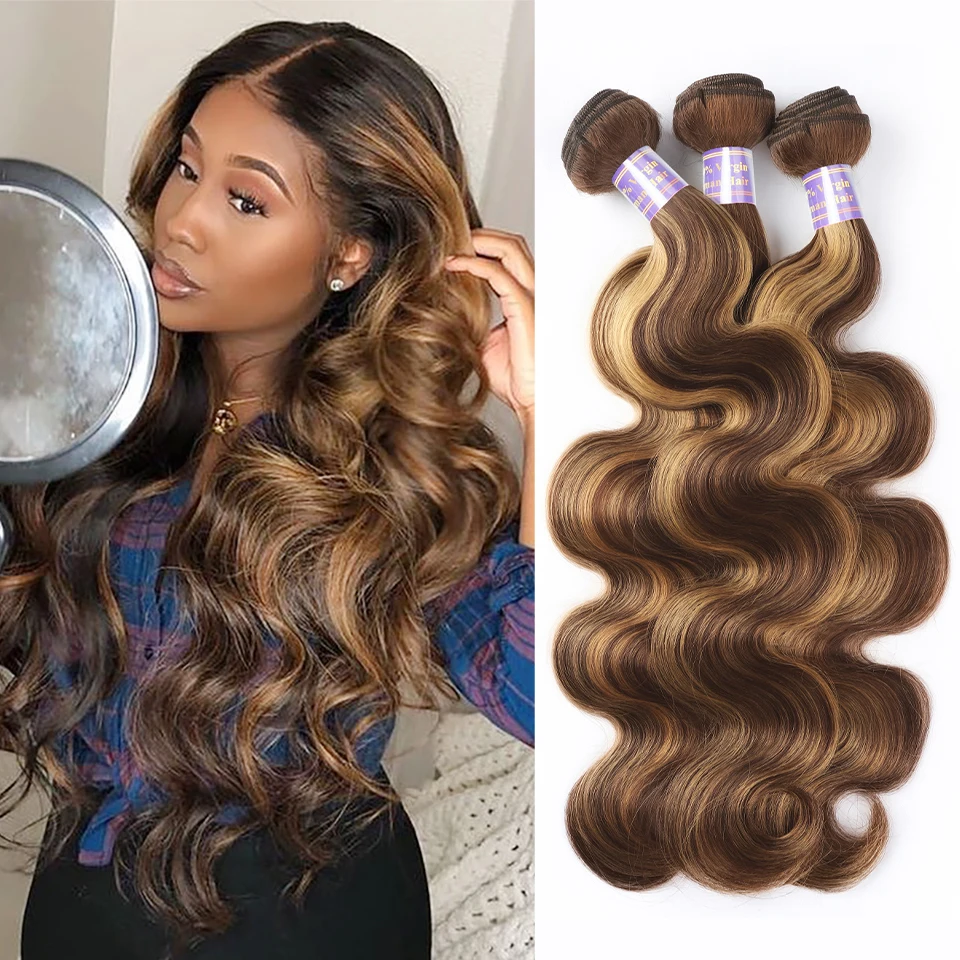 S73e85972ea494d6b8f34f0096a616c749 Allove Highlight Bundles Brazilian Body Wave Human Hair Bundles 4/27 Honey Blonde Colored Brazilian Hair Weave Bundles 1/3/4 PCS Mallzona