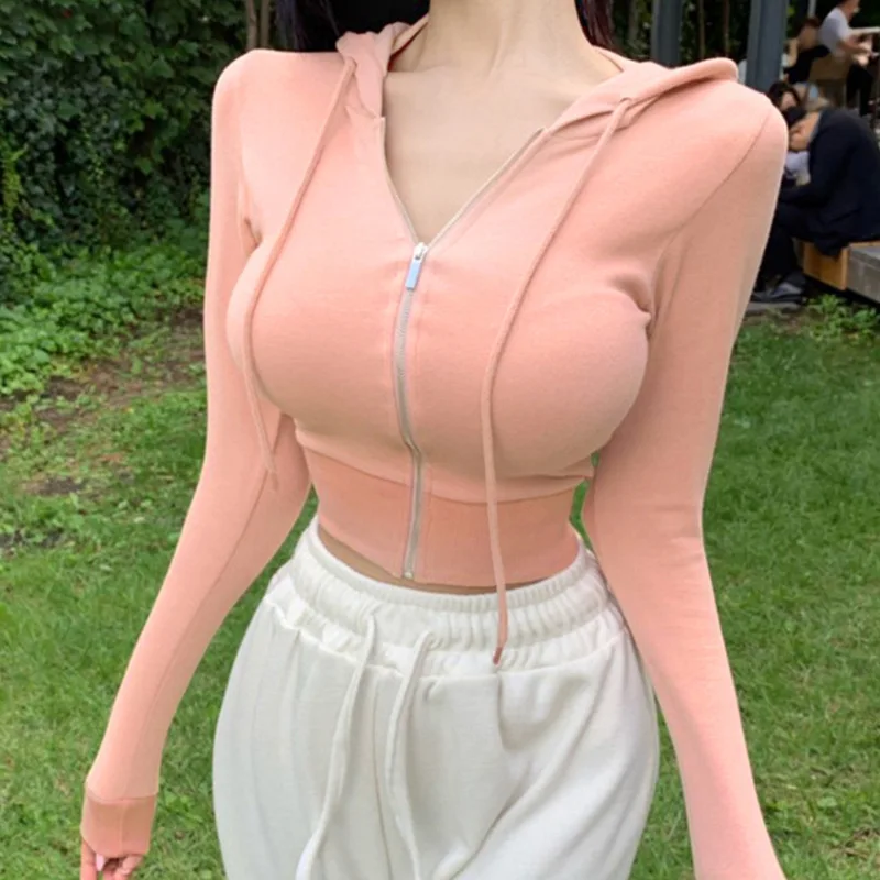 Sexy Hooded Zipper Sweater Solid Color Coat Female Autumn New Appear Thin Versatile Cardigan Leisure Spring and Summer Tops New
