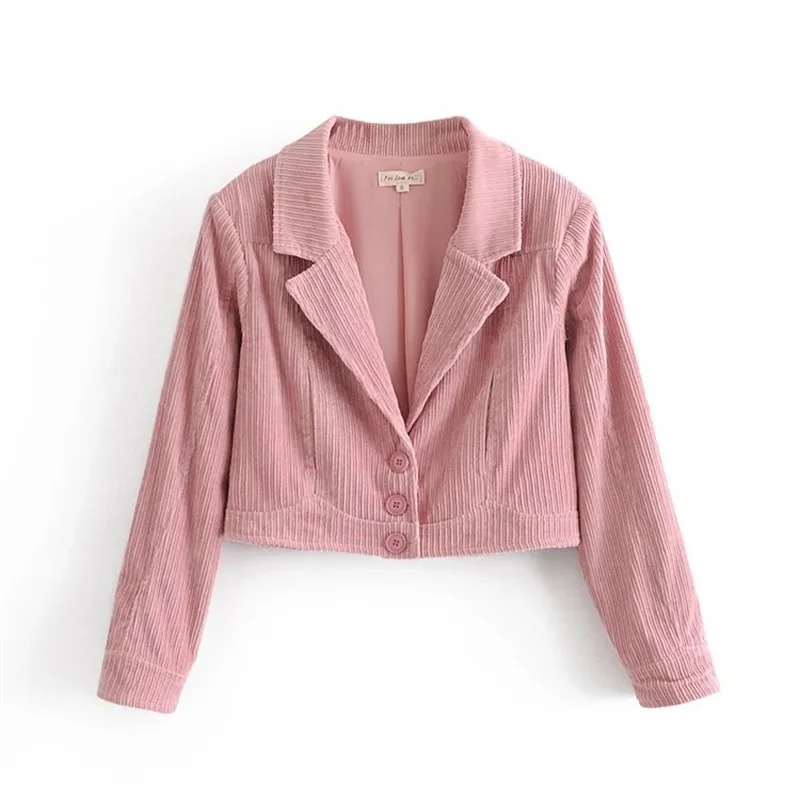 New Pink Corduroy Short Blazer Suit Women Sweet Slim Single Breasted Solid Colors Casual Office Blazer Y2k Retro Cute Streetwear