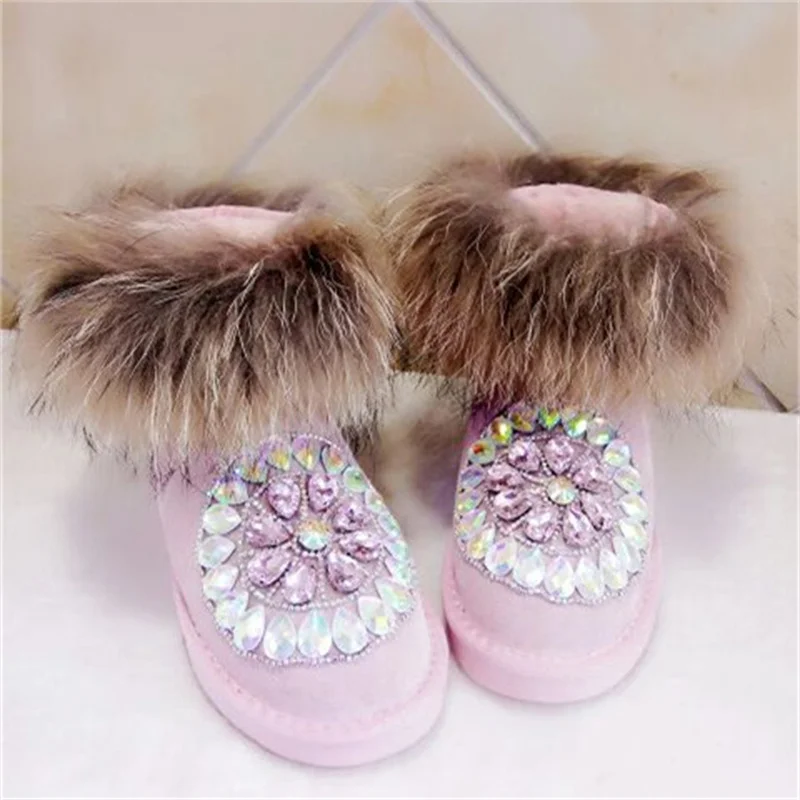 

Fox hair boots Colorful rhineshewn classic hand-made fur one-piece boots Winter plus fleece warm boots men and women size 35-44