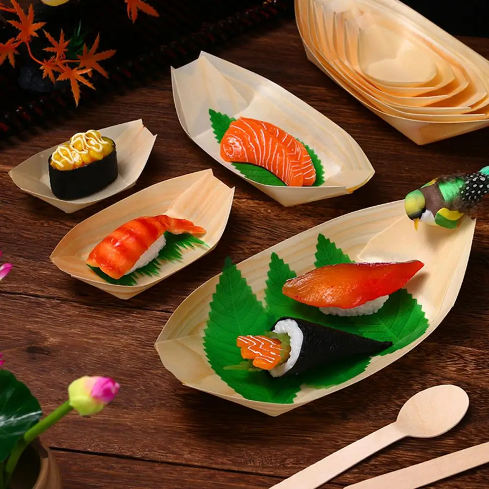 Party Tableware Disposable Food Trays 100Pcs Sushi Serving Boat Japanese Style Solid Wood Disposable Dessert Salad Appetizer Food Serving Plate Tray Kitchen Supplies