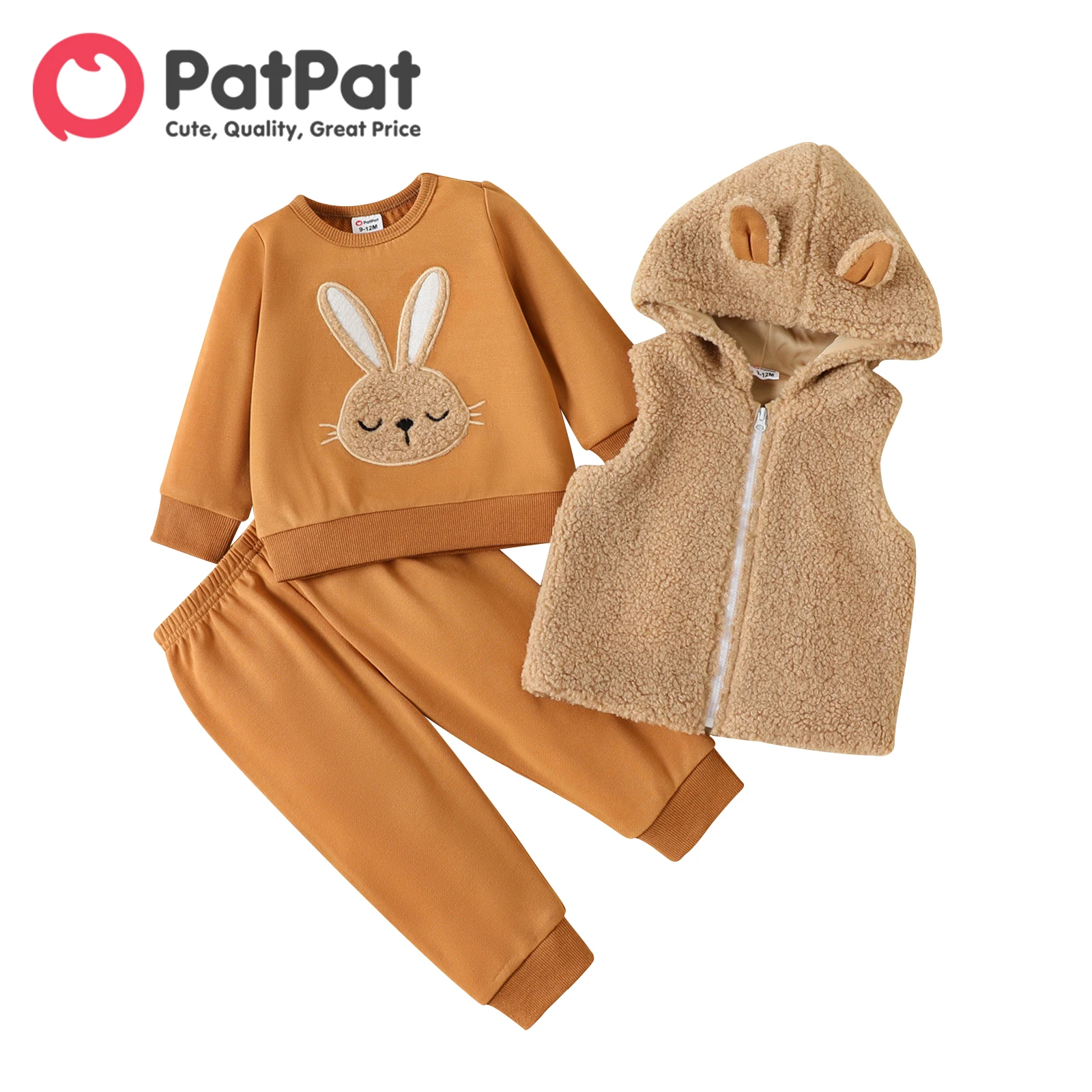 PatPat-긴팔 스웨트셔츠 및 스웨트팬츠, 여아 토끼 그래픽 퍼지 조끼 세트, 2 개입