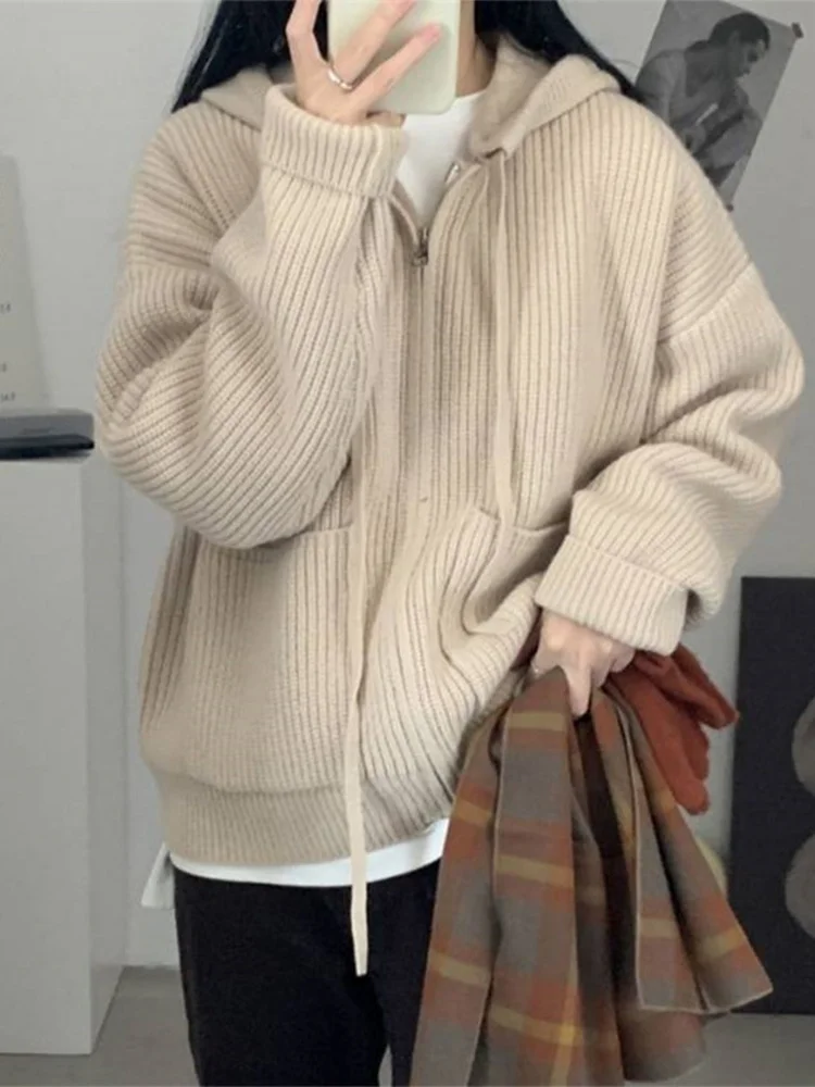 

Solid Kintted Jackets Women Autumn Winter Casual Hoodies Harajuku Basic Outwear Knitwear Tops Thick Warm Cardigan Sweater Female