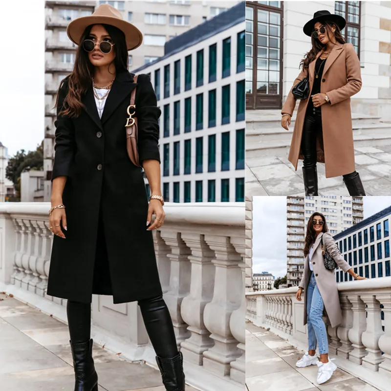 

New Autumn And Winter Solid Color Long Sleeve Suit Collar Wool Coat Coat For Women In Stock