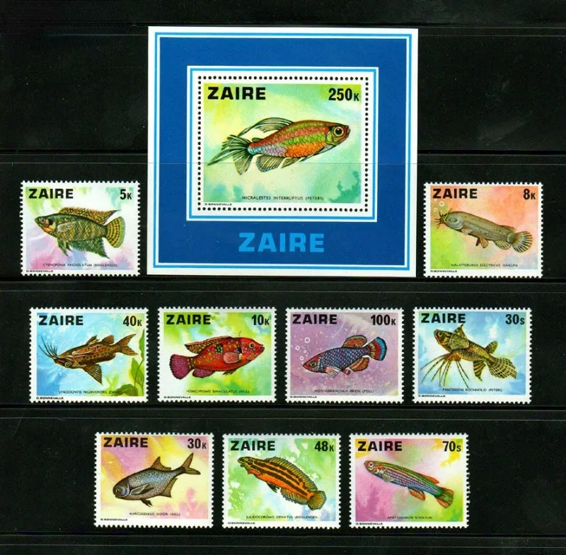 

9 шт. + 1, Zaire, 1978, штампы для рыбы, НАСТОЯЩИЕ Оригинальные штампы для коллекции, MNH