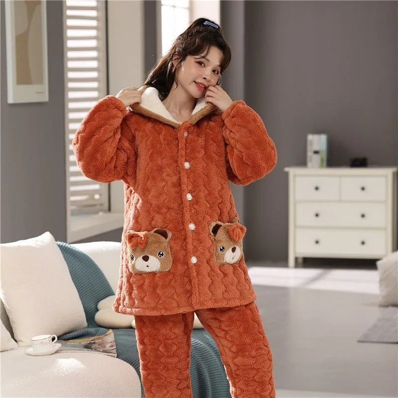 Famale Three Layers Coral Fleece Cotton Pajamas Women's Winter Thick Flannel Loungewear Girl Long Sleeve Plus-size Sleepwear Set