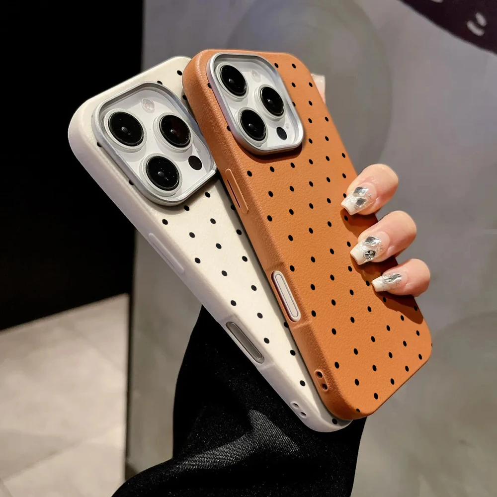 Chic Polka Dot Leather Texture Phone Case with Korean Design