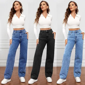2025 new European and American high-waisted water-washed women's jeans long fashionable and versatile straight-leg pants 1