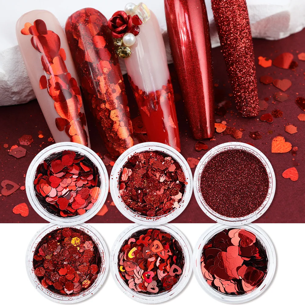 

2024 New Valentine Nail Art Heart Shape Glitter Decoration Press On Nails Design Powder For Manicure DIY Accessories Enhancement