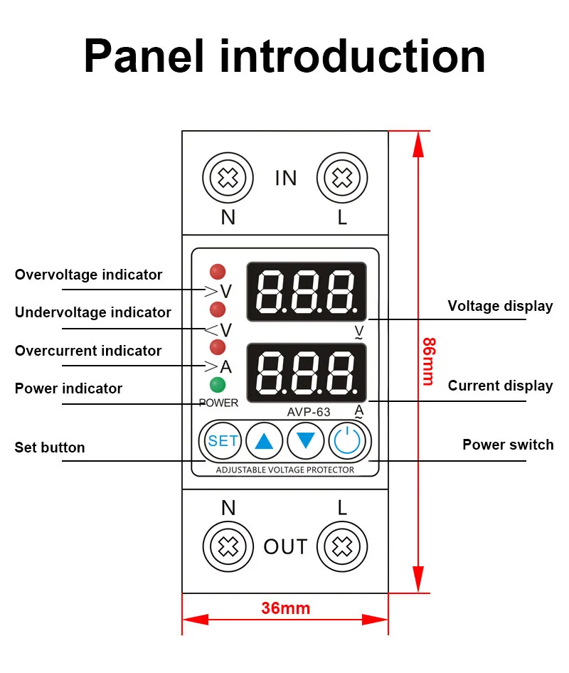Description Picture 4 of item40A 63A 230V Adjustable Over Voltage Under Voltage Reclosing Protector  Relay Limit Over Current Protection Dual Digital Display