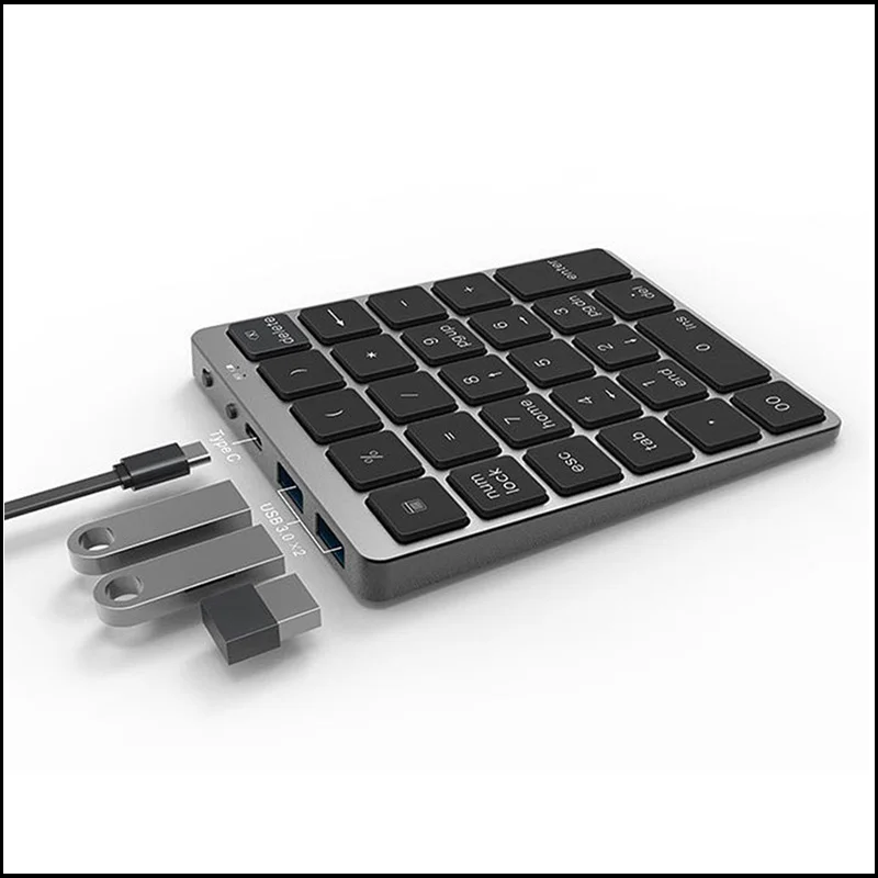 USB 허브가 있는 블루투스 숫자 키보드, 태블릿 PC 노트북 데스크탑 3.0, 충전식 금속 숫자 패드 디지털, 28 키