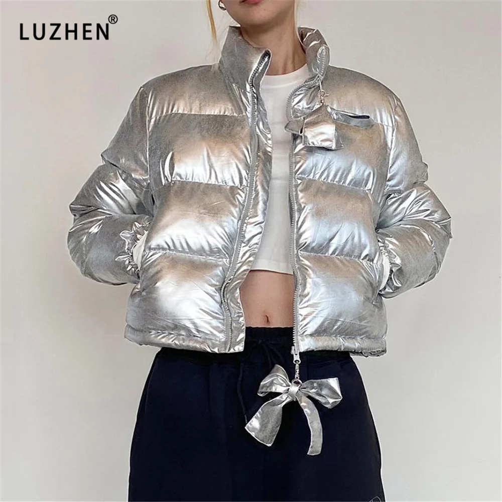 

2023 Fall Winter Cropped Puffer Jacket Women Glossy Stand-Up Collar With Bow Thickened Warm Casual Coat Bubble Outerwear Outwear